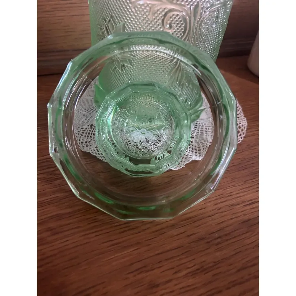 Vintage Tiara Exclusives Chantilly Green Sandwich Glass Canister with Lid